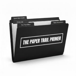 A black expandable file folder with white text on the front reading "THE PAPER TRAIL PRIMER." Four tabs are visible at the top labeled: Quick Start Guide, Entry Log, The Translator, and Table of Contents.